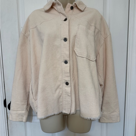 Zara Beige Corduroy Shacket Button Front Frayed Hem Size M - Picture 3 of 5